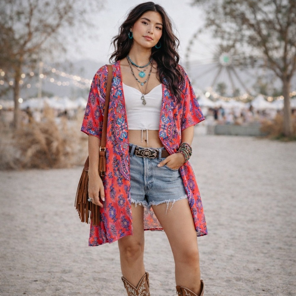 Tolani Coral Red Paisley Bohemian Kimono Open Front Cardigan OS Viscose